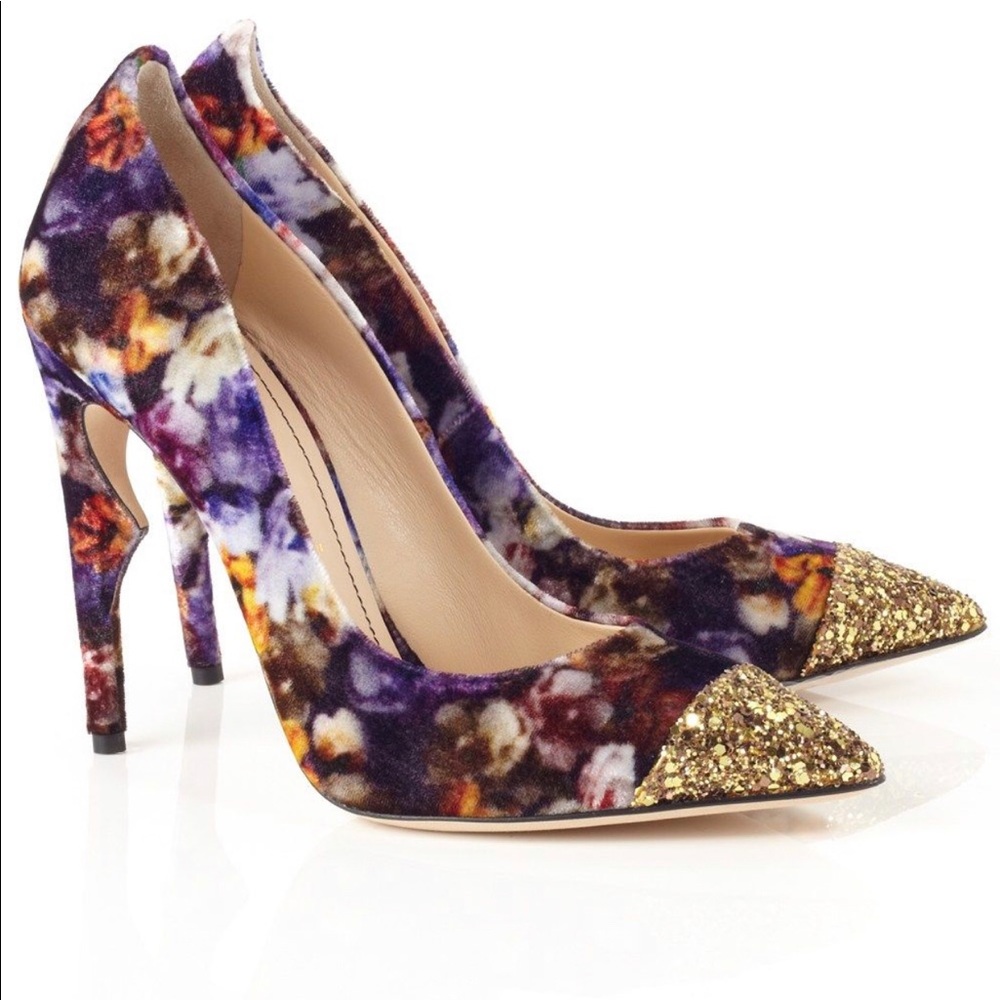 Jerome Rousseau Velvet Floral Print Flicker Pumps